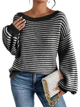 Damen Strickpullover mit Streifenmuster und Rippabschlüssen – Schwarz