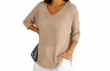 Damen Strickpullover mit V-Ausschnitt und kurzen Ärmeln – Beige