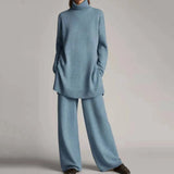 Damen Strickset in Beige mit Rollkragenpullover und Hose – Blau