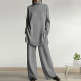 Damen Strickset in Beige mit Rollkragenpullover und Hose – Grau