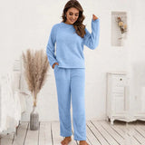 Damen Strukturiertes Langarm Oberteil und Hose Set mit Rundhalsausschnitt – Blau