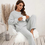 Damen Strukturiertes Langarm Oberteil und Hose Set mit Rundhalsausschnitt – Grau