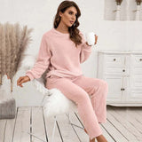 Damen Strukturiertes Langarm Oberteil und Hose Set mit Rundhalsausschnitt – Rosa