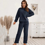 Damen Strukturiertes Langarm Oberteil und Hose Set mit Rundhalsausschnitt – Dunkelblau