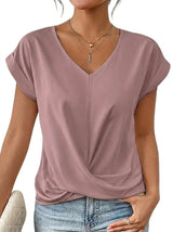 Damen-T-Shirt mit V-Ausschnitt, gekrempelten Ärmeln und Knotendetail – Rosa