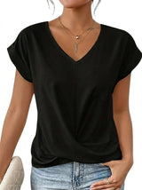 Damen-T-Shirt mit V-Ausschnitt, gekrempelten Ärmeln und Knotendetail – Schwarz