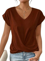 Damen-T-Shirt mit V-Ausschnitt, gekrempelten Ärmeln und Knotendetail – Bordeaux