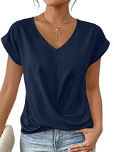 Damen-T-Shirt mit V-Ausschnitt, gekrempelten Ärmeln und Knotendetail – Dunkelblau