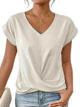 Damen-T-Shirt mit V-Ausschnitt, gekrempelten Ärmeln und Knotendetail – Weiß
