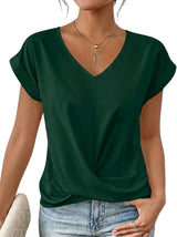 Damen-T-Shirt mit V-Ausschnitt, gekrempelten Ärmeln und Knotendetail – Dunkelgrün