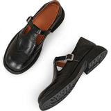 Damen-T-Spangen-Schuhe mit Flügelkappe und Brogue-Verzierungen – Schwarz