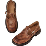 Damen-T-Spangen-Schuhe mit Flügelkappe und Brogue-Verzierungen – Braun
