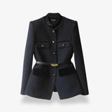 Damen Taillierter Strukturblazer mit Kontrastbesatz – Schwarz