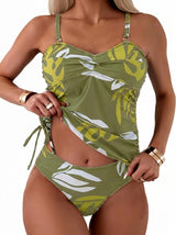 Damen-Tankini-Set mit Blattmuster, Knotendetail und seitlichen Kordelzügen – Grün