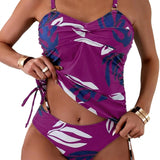 Damen-Tankini-Set mit Blattmuster, Knotendetail und seitlichen Kordelzügen – Lila