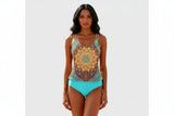 Damen Tankini Set mit gemustertem Oberteil und Bikinihose – Blau