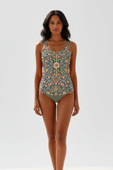 Damen Tankini Set mit gemustertem Oberteil und Bikinihose – Grün