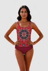 Damen Tankini Set mit gemustertem Oberteil und Bikinihose – Rot