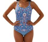 Damen Tankini Set mit gemustertem Oberteil und Bikinihose – Dunkelblau