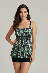 Damen Tankini Set mit gemustertem Oberteil und Shorts – Schwarz