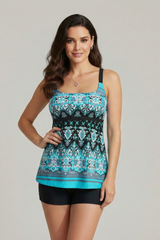 Damen Tankini Set mit gemustertem Oberteil und Shorts – Türkisblau