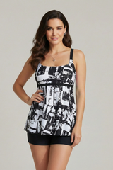 Damen Tankini Set mit gemustertem Oberteil und Shorts – Schwarz / Weiß