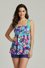 Damen Tankini Set mit gemustertem Oberteil und Shorts – Lila