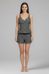 Damen Tankini Set mit gepunktetem Oberteil und Shorts – Schwarz