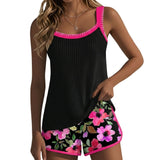 Damen-Tankini-Set mit geripptem Oberteil und gemusterten Shorts – Rosa