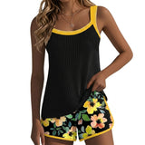 Damen-Tankini-Set mit geripptem Oberteil und gemusterten Shorts – Gelb