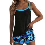 Damen-Tankini-Set mit geripptem Oberteil und gemusterten Shorts – Blau