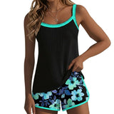 Damen-Tankini-Set mit geripptem Oberteil und gemusterten Shorts – Türkis