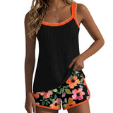 Damen-Tankini-Set mit geripptem Oberteil und gemusterten Shorts – Orange