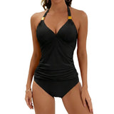 Damen-Tankini-Set mit Halterneck-Trägern und seitlichen Raffungen – Schwarz