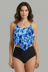 Damen Tankini Set mit mehrlagigem Oberteil und hoch geschnittenem Unterteil – Blau