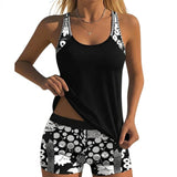 Damen Tankini Set mit Ringerrücken Top und Shorts mit floralem Muster – Schwarz