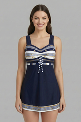 Damen Tankini-Set mit Trägeroberteil und Shorts im Musterdesign – Marineblau