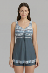 Damen Tankini-Set mit Trägeroberteil und Shorts im Musterdesign – Grau