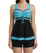 Damen Tankini-Set mit Trägeroberteil und Shorts im Musterdesign – Schwarz