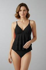Damen Tankini Set mit V-Ausschnitt und gestufter Frontpartie – Schwarz
