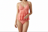 Damen Tankini Set mit V-Ausschnitt und gestufter Frontpartie – Korallenrot