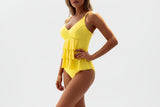 Damen Tankini Set mit Volant-Oberteil und Trägern – Gelb