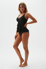Damen Tankini Set mit Volant-Oberteil und Trägern – Schwarz
