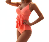Damen Tankini Set mit Volant-Oberteil und Trägern – Lachsfarben