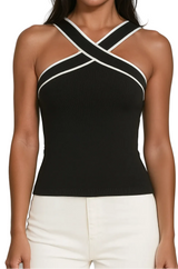Damen-Tanktop mit überkreuztem Neckholder und Kontrastpaspelierung – Schwarz