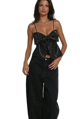 Damen-Top mit Schleifendetail und Glitzer-Struktur – Schwarz