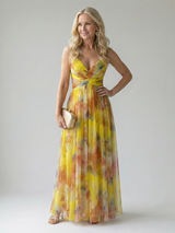 Damen Trägerkleid Maxi Kleid mit Kreuzausschnitt und Aquarelldruck – Gelb