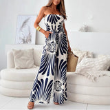 Damen Trägerloser Jumpsuit mit Weitem Bein und Abstraktem Druckmuster – Dunkelblau