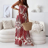 Damen Trägerloser Jumpsuit mit Weitem Bein und Abstraktem Druckmuster – Rot