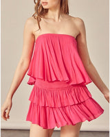Damen Trägerloser Kurzer Jumpsuit mit Rüschenlagen und elastischem Bund – Pink